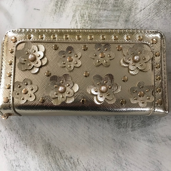 Under One Sky Handbags - Gold Floral Shiny Wallet With Lots of Storage!